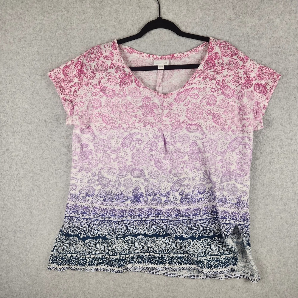 J Jill Love Linen Top Womens Size Large Pink Paisley Print Ombre Coastal Beachy